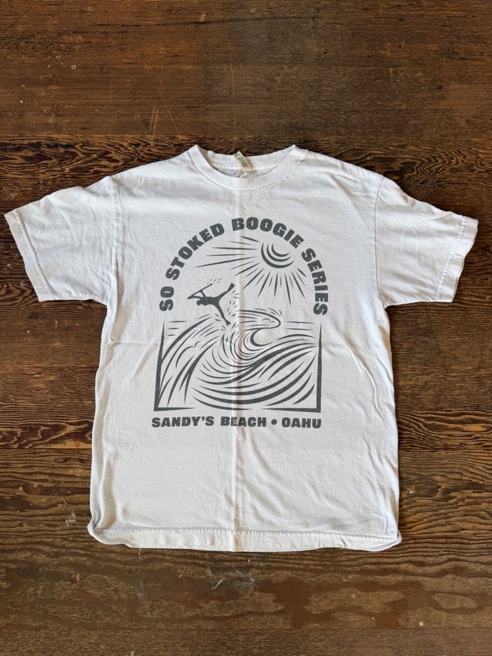 Alstyle White Graphic Tee with Gray Surf Design - Sandy's Beach Oahu